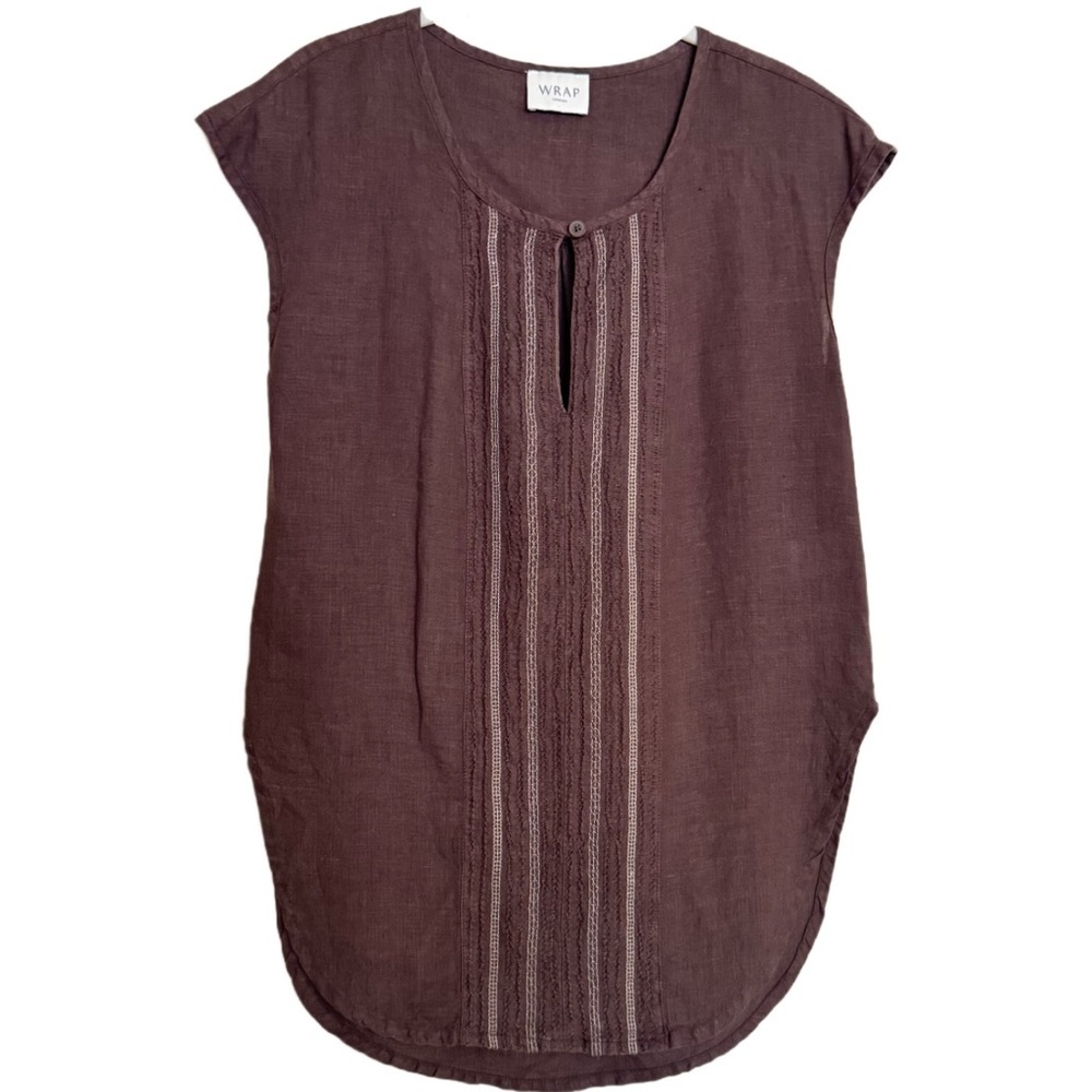 Wrap London Brown Embroidered Linen Blouse Top US 2 Summer Preppy Boho Coastal